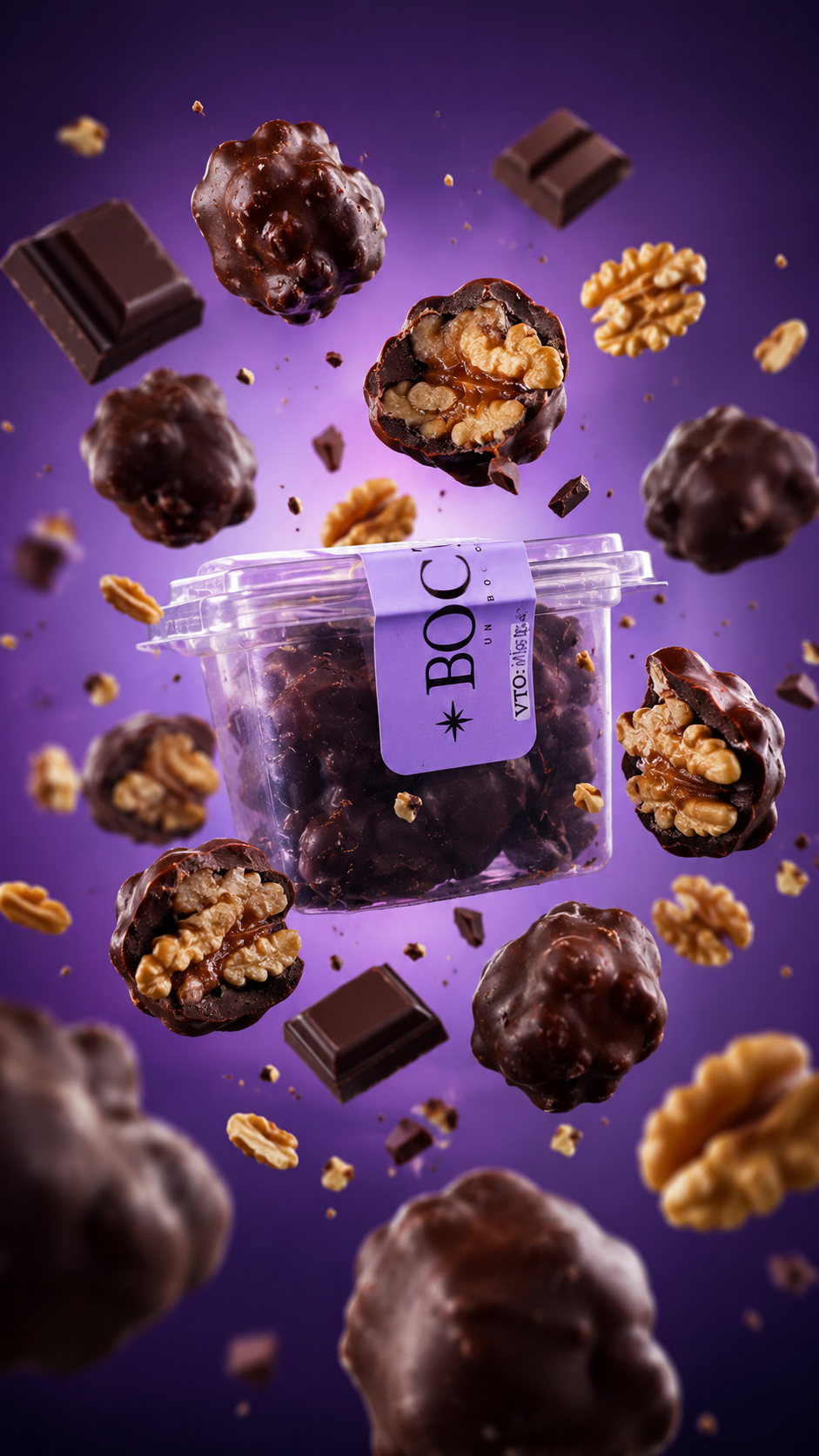 Pote de CHOCONUEZ rodeado de nueces y chocolate