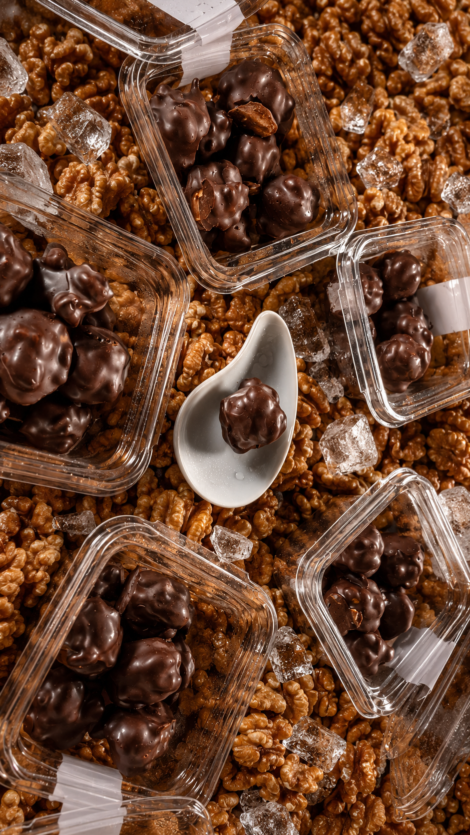 Potes CHOCONUEZ sobre un fondo de nueces